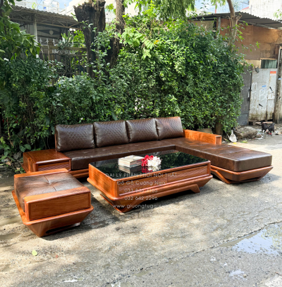 Sofa Gỗ Hương Vàng Góc L Chân Thuyền 3m25 x 2m15 Cao Cấp