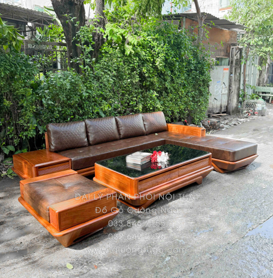 Sofa Gỗ Hương Vàng Góc L Chân Thuyền 3m25 x 2m15 Cao Cấp