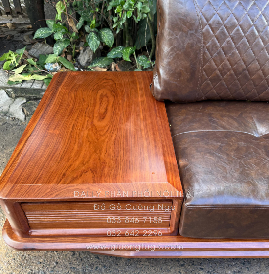 Sofa Gỗ Hương Vàng Góc L Chân Thuyền 3m25 x 2m15 Cao Cấp