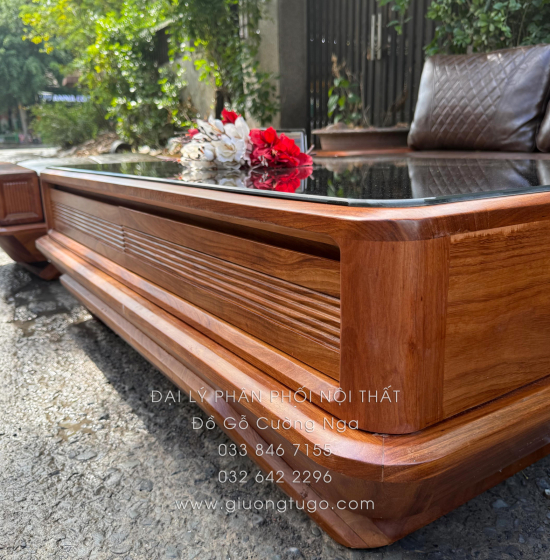 Sofa Gỗ Hương Vàng Góc L Chân Thuyền 3m25 x 2m15 Cao Cấp