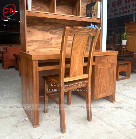 Bàn Ghế Học Sinh Gỗ Hương Xám 1m Có Kệ Sách BH 24.1