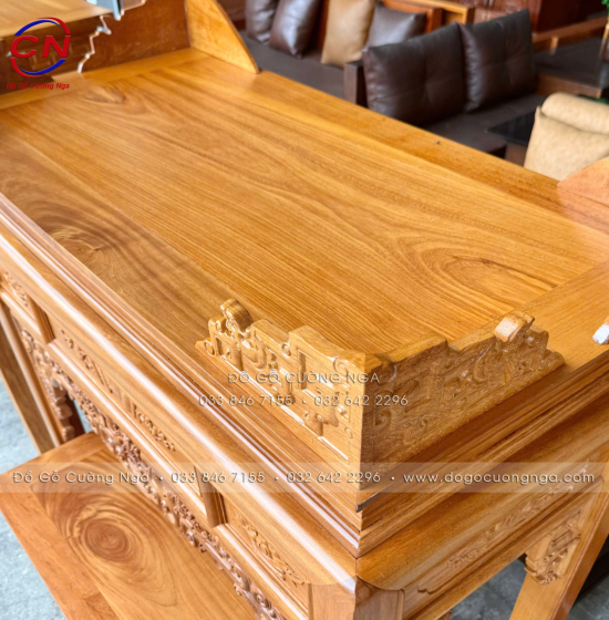 Bàn Thờ Gỗ Gõ Đỏ 1m27 Chạm Như Ý – Dáng Án Gian Gọn, Chạm Sắc Nét
