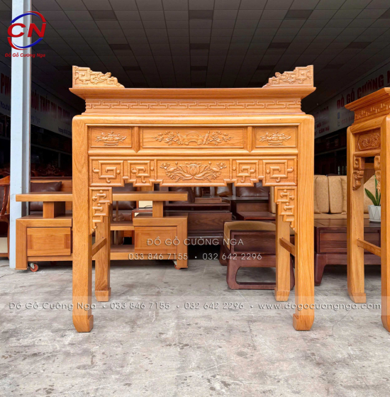Bàn Thờ Gỗ Gõ Đỏ 1m27 Chạm Sen Kèm Tủ Cơm 