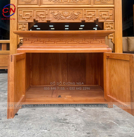 Bàn Thờ Gỗ Gõ Đỏ 1m27 Chạm Sen Kèm Tủ Cơm 