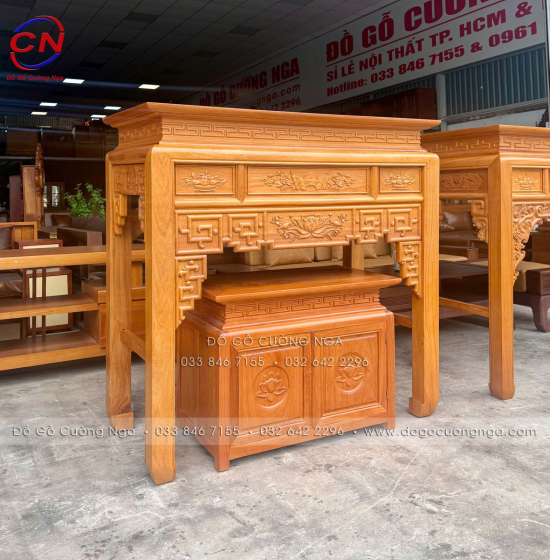 Bàn Thờ Án Gian Gỗ Gõ Đỏ 1m27 Thiết Kế Chạm Sen Trang Nghiêm, Cân Đối