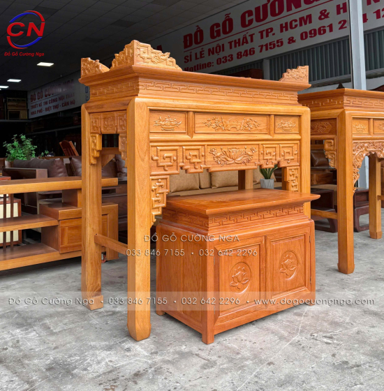Bàn Thờ Gỗ Gõ Đỏ 1m27 Chạm Sen Kèm Tủ Cơm 