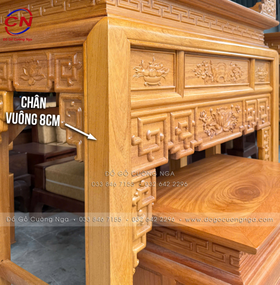 Bàn Thờ Gỗ Gõ Đỏ 1m27 Chạm Sen Kèm Tủ Cơm 