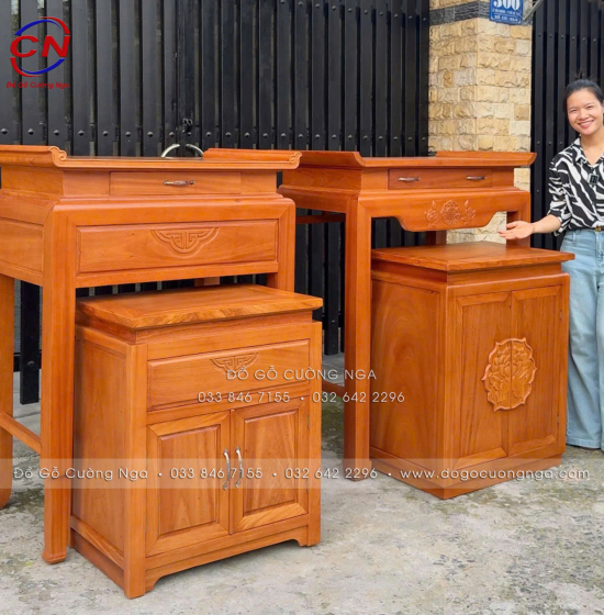 Bàn Thờ Kèm Tủ Cơm Gỗ Gõ Đỏ 1m07 Cho Chung Cư, Căn Hộ 