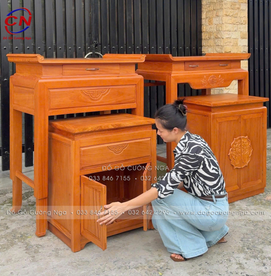 Bàn Thờ Gỗ Gõ Đỏ Kèm Tủ Cơm 98cm Phong Thủy Đẹp Cho Chung Cư, Nhà Phố