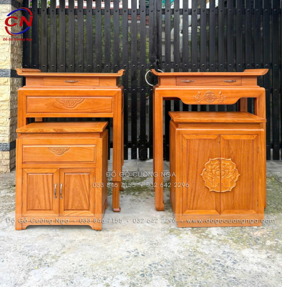Bàn Thờ Kèm Tủ Cơm Gỗ Gõ Đỏ 1m07 Cho Chung Cư, Căn Hộ 
