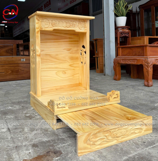 Bộ 3 Chi Tiết Bàn Thờ Ông Địa Thần Tài Gỗ Thông Tam Cấp Gọn Đẹp