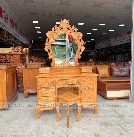 Bàn Phấn Trang Điểm Gỗ Gõ Đỏ Cao Cấp 1m1 Gương Hoa Hồng 