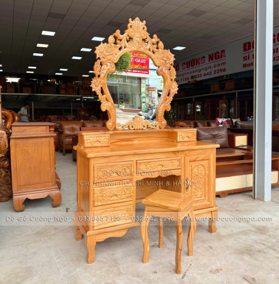 Bàn Phấn Trang Điểm Gỗ Gõ Đỏ Cao Cấp 1m1 Gương Hoa Hồng 