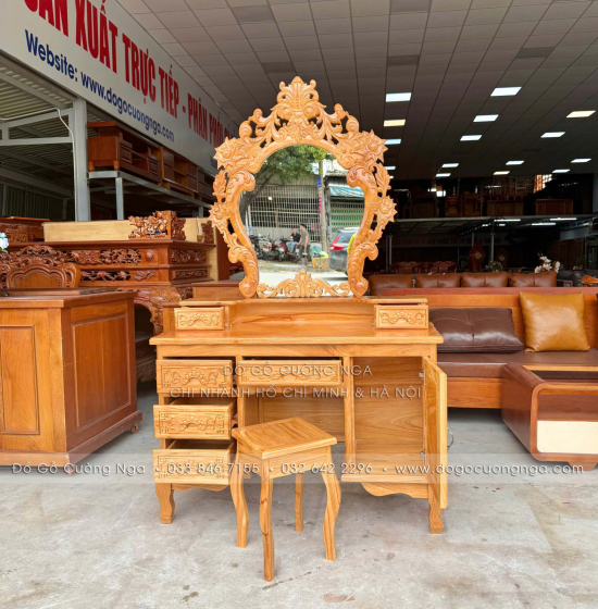 Bàn Phấn Trang Điểm Gỗ Gõ Đỏ Cao Cấp 1m1 Gương Hoa Hồng 