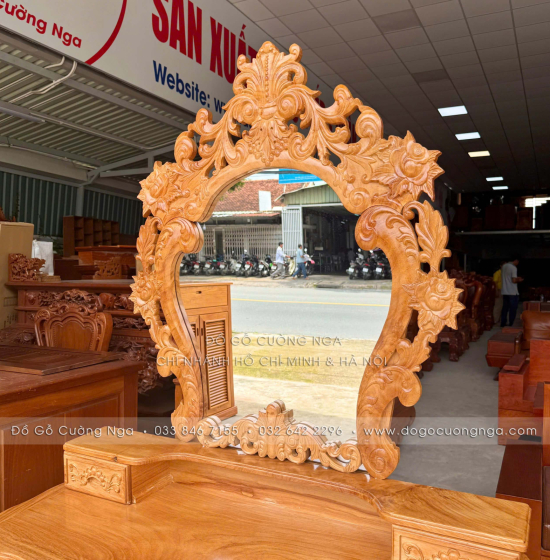 Bàn Phấn Trang Điểm Gỗ Gõ Đỏ Cao Cấp 1m1 Gương Hoa Hồng 