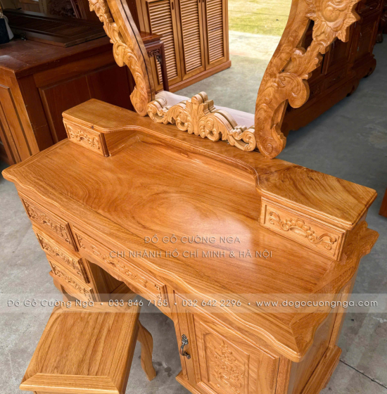 Bàn Phấn Trang Điểm Gỗ Gõ Đỏ Cao Cấp 1m1 Gương Hoa Hồng 