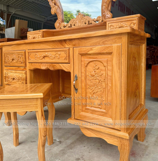 Bàn Phấn Trang Điểm Gỗ Gõ Đỏ Cao Cấp 1m1 Gương Hoa Hồng 