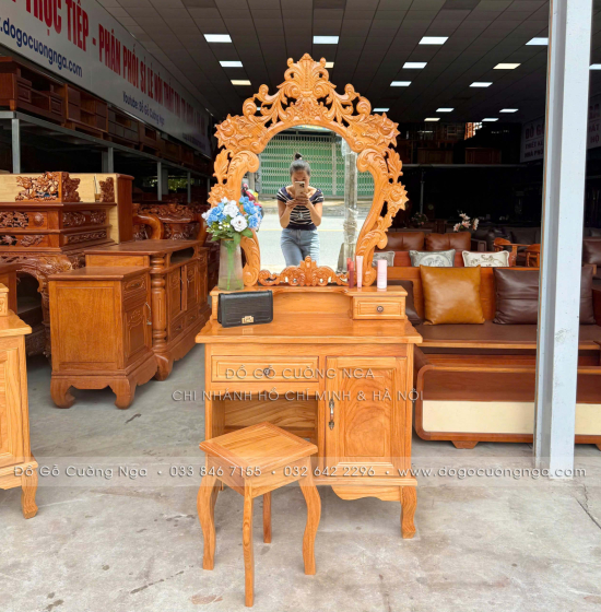 Bàn Trang Điểm Gỗ Gõ Đỏ Tân Cổ Điển 80cm - Mã 02