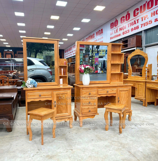 Bàn Trang Điểm Gỗ Gõ Đỏ Gương Trượt 80cm – Tiện Cho Phòng Ít Diện Tích