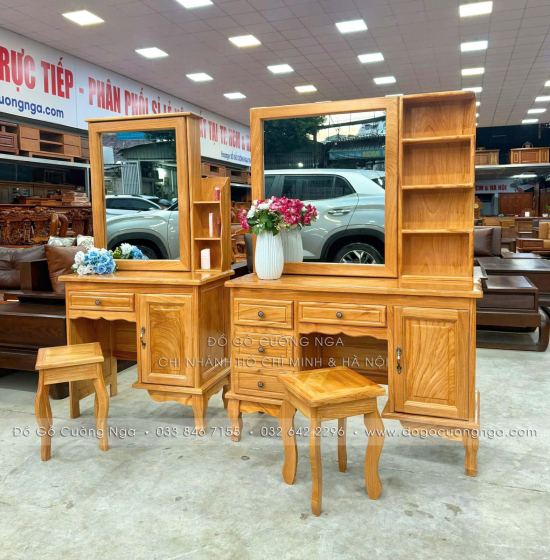 Bàn Trang Điểm Gỗ Gõ Đỏ Gương Trượt 1m07 – Gọn Khi Đóng, Rộng Khi Dùng