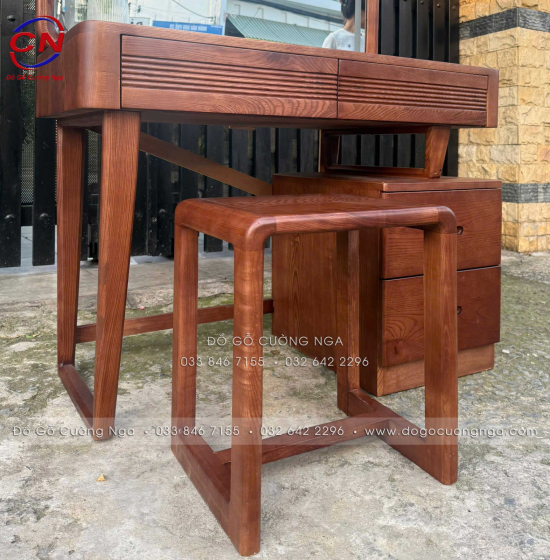 Bàn Trang Điểm Gỗ Sồi Nga Gương Đèn LED 1m Màu Óc Chó - Gương Vuông 
