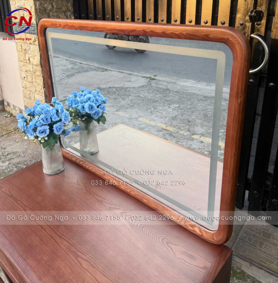 Bàn Trang Điểm Gỗ Sồi Nga Gương Đèn LED 1m Màu Óc Chó - Gương Vuông 