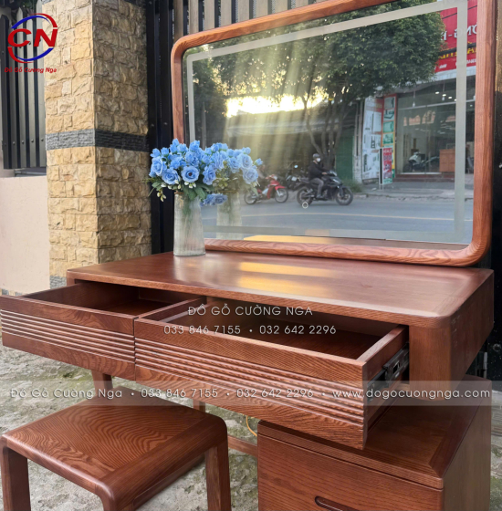 Bàn Trang Điểm Gỗ Sồi Nga Gương Đèn LED 1m Màu Óc Chó - Gương Vuông 