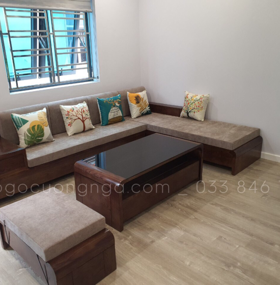 Bộ Bàn Ghế Sofa Góc L Gỗ Sồi Nga Chân Cuốn - Vế Phải Nệm Vải Bố 
