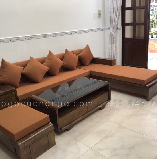 Bộ Bàn Ghế Sofa Góc L Gỗ Sồi Nga Chân Cuốn - Vế Phải Nệm Vải Bố 