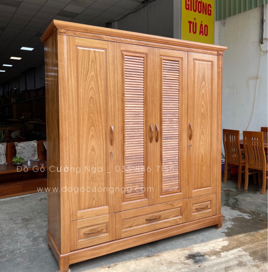 Tủ quần áo gỗ hương xám cao cấp 4 cánh  2m mẫu lá sách 