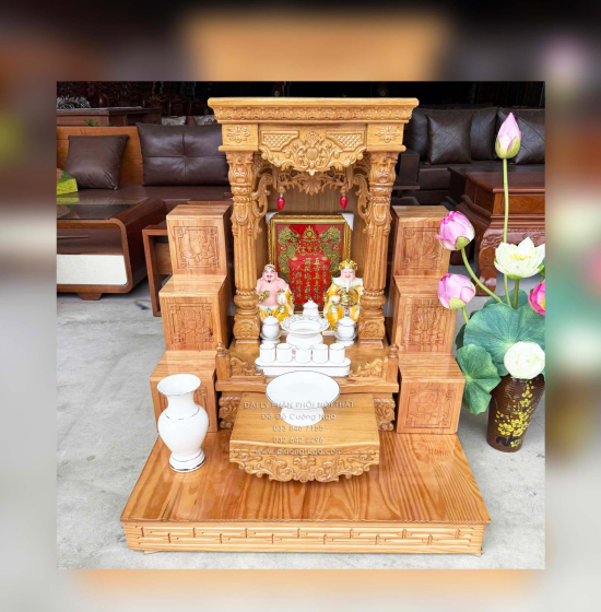 Trọn Bộ Bàn Thờ Ông Địa - Thần Tài Gỗ Gõ Đỏ Tân Cổ Điển 6 Món