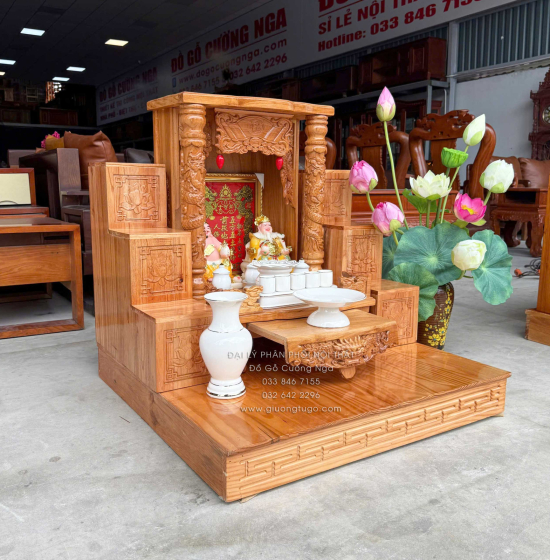 Trọn Bộ Bàn Thờ Ông Địa - Thần Tài Gỗ Gõ Đỏ 6 Món