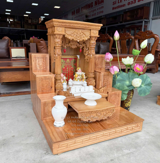 Trọn Bộ Bàn Thờ Ông Địa - Thần Tài Gỗ Gõ Đỏ Tân Cổ Điển 6 Món
