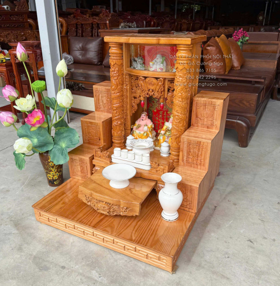 Trọn Bộ Bàn Thờ Ông Địa - Thần Tài Gỗ Gõ Đỏ 6 Món - Có Hộp Đèn