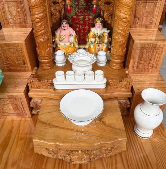 Trọn Bộ Bàn Thờ Ông Địa - Thần Tài Gỗ Gõ Đỏ 6 Món - Có Hộp Đèn