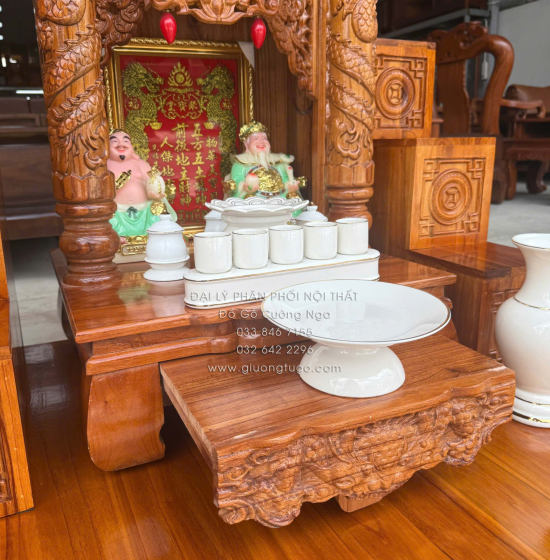 Trọn Bộ Bàn Thờ Ông Địa - Thần Tài Gỗ Xoan 6 Món - Có Hộp Đèn