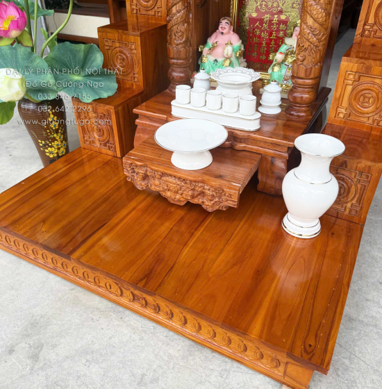 Trọn Bộ Bàn Thờ Ông Địa - Thần Tài Gỗ Xoan 6 Món - Có Hộp Đèn