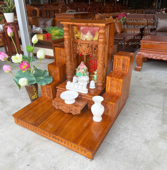 Trọn Bộ Bàn Thờ Ông Địa - Thần Tài Gỗ Xoan 6 Món - Có Hộp Đèn