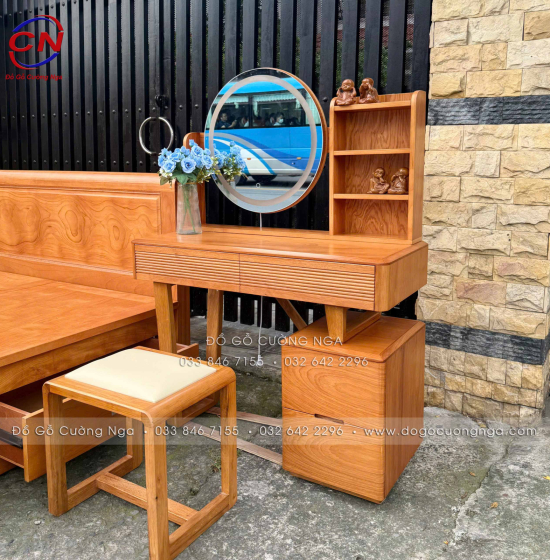 Bàn Phấn Trang Điểm Gỗ Gõ Đỏ 1m Hiện Đại Gương Đèn Cảm Ứng 