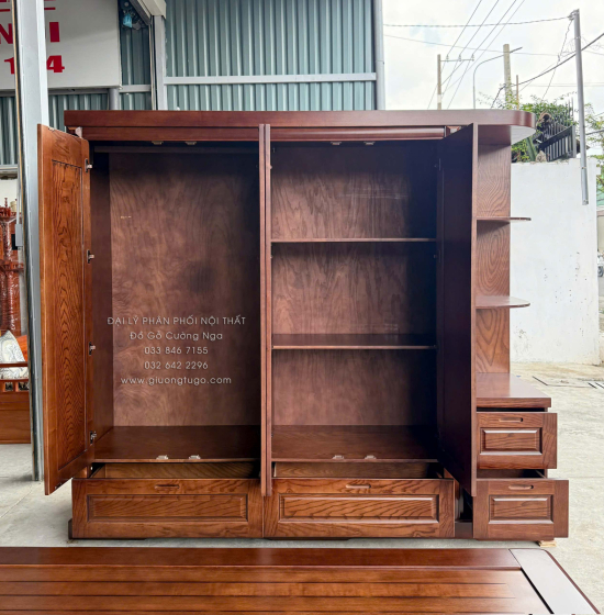 Tủ Áo Gỗ Sồi Nga 4 Cánh Kèm Góc Trang Trí Bo Cạnh - Màu Óc Chó