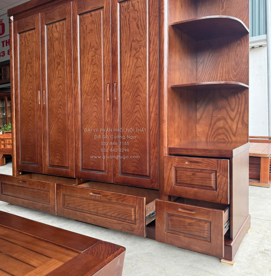 Tủ Áo Gỗ Sồi Nga 4 Cánh Kèm Góc Trang Trí Bo Cạnh - Màu Óc Chó