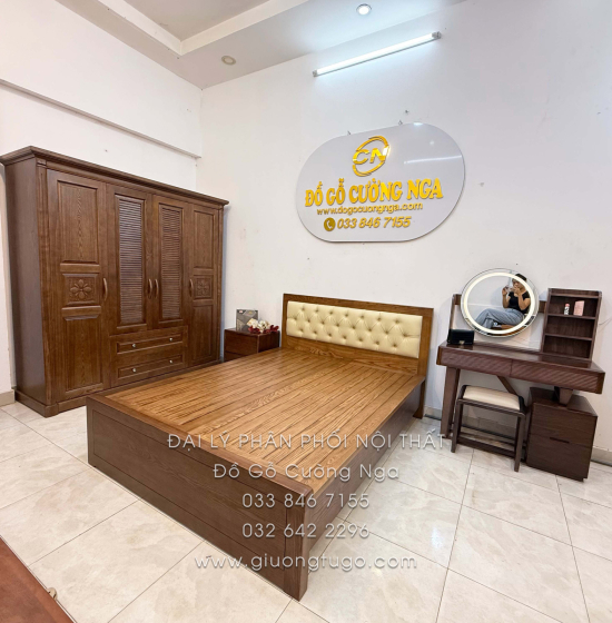 Combo Phòng Ngủ Gỗ Sồi Nga Lau Màu Óc Chó 4 Chi Tiết