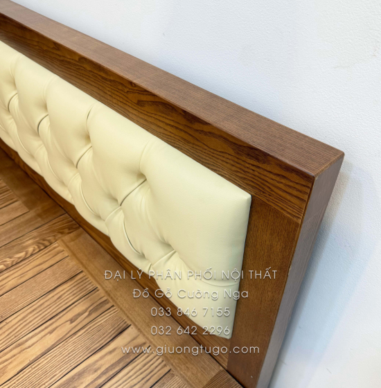 Giường ngủ gỗ sồi  lau màu óc chó đầu nệm cao cấp 