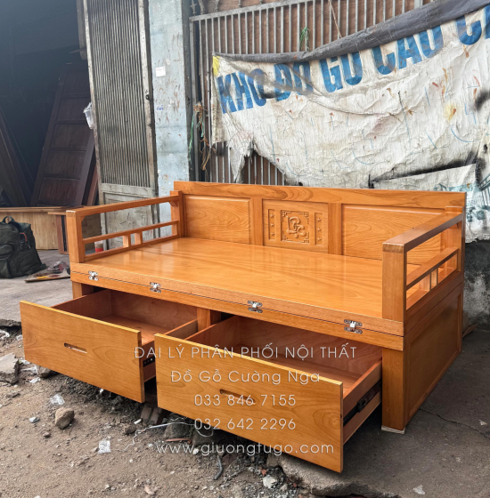 Giường Gấp Gọn Gỗ Gõ Đỏ Chân Cao 40cm - 2 Ngăn Kéo Rộng Rãi