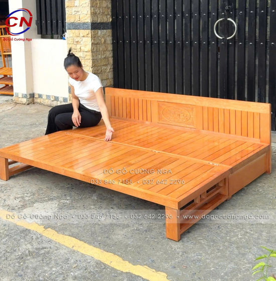 Giường gấp ô kéo gỗ sồi 1m2x1m9 - màu cánh gián 