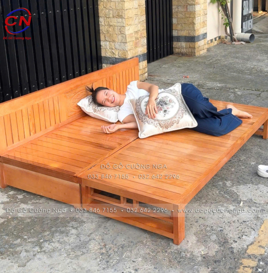 Giường gấp ô kéo gỗ sồi 1m2x1m9 - màu cánh gián 
