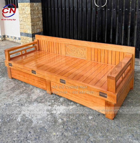 Giường Gấp Gỗ Sồi Kèm Bàn Đá & Đôn Gỗ Sồi Giá Tốt