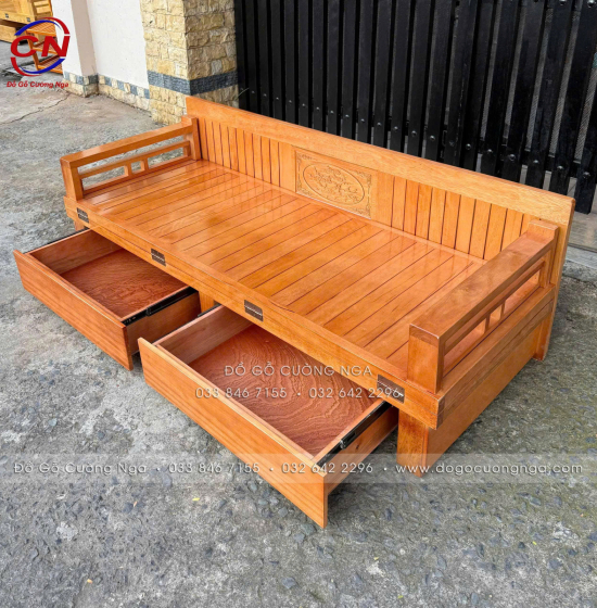 Giường Gấp Gỗ Sồi Kèm Bàn (Có Kính) & Đôn Gỗ Sồi Kiểu Dáng Bắt Mắt