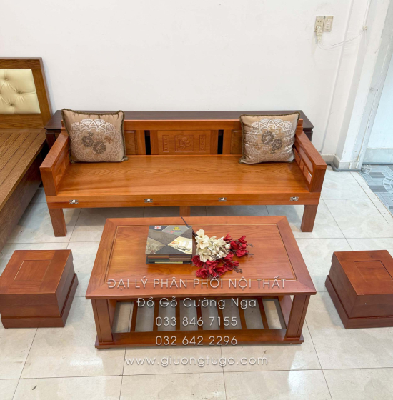 Giường Gấp Gỗ Xoan Đào Kèm Bàn (Có Kính) & Đôn Gỗ Sồi Hợp Túi Tiền