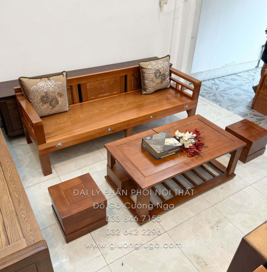 Giường Gấp Gỗ Xoan Đào Kèm Bàn (Có Kính) & Đôn Gỗ Sồi Hợp Túi Tiền